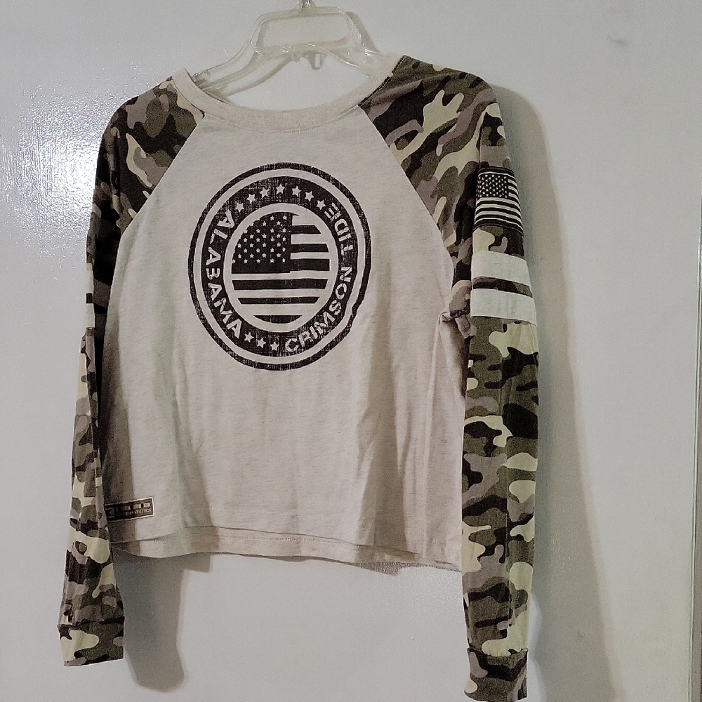 Colosseum Cropped Raglan Top with Camo Sleeves - Olive, Beige, Black